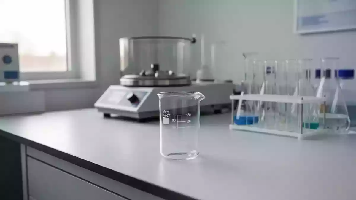 Ein steriler, heller Laborraum mit Glasgefäßen auf einer weißen Arbeitsfläche, der eine professionelle medizinische Umgebung symbolisiert. Illustration mit AI erstellt.