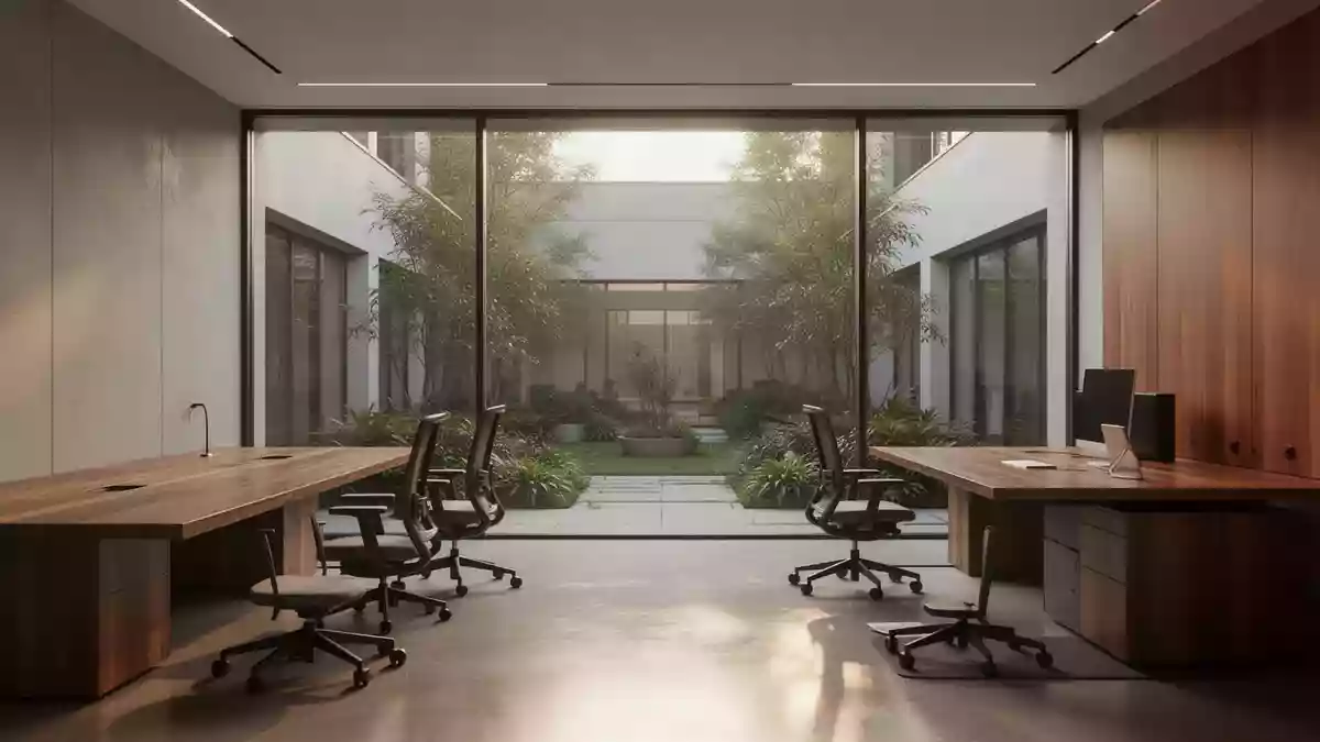 Ein minimalistisch gestaltetes, helles Büro mit Blick in einen begrünten Innenhof. Illustration mit AI erstellt.