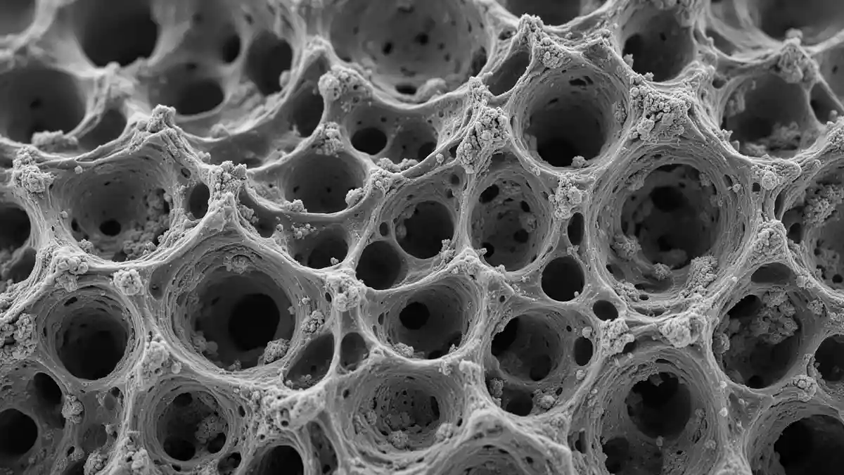 Hochauflösende mikroskopische Aufnahme der porösen, komplexen Struktur von Knochengewebe. Illustration mit AI erstellt.