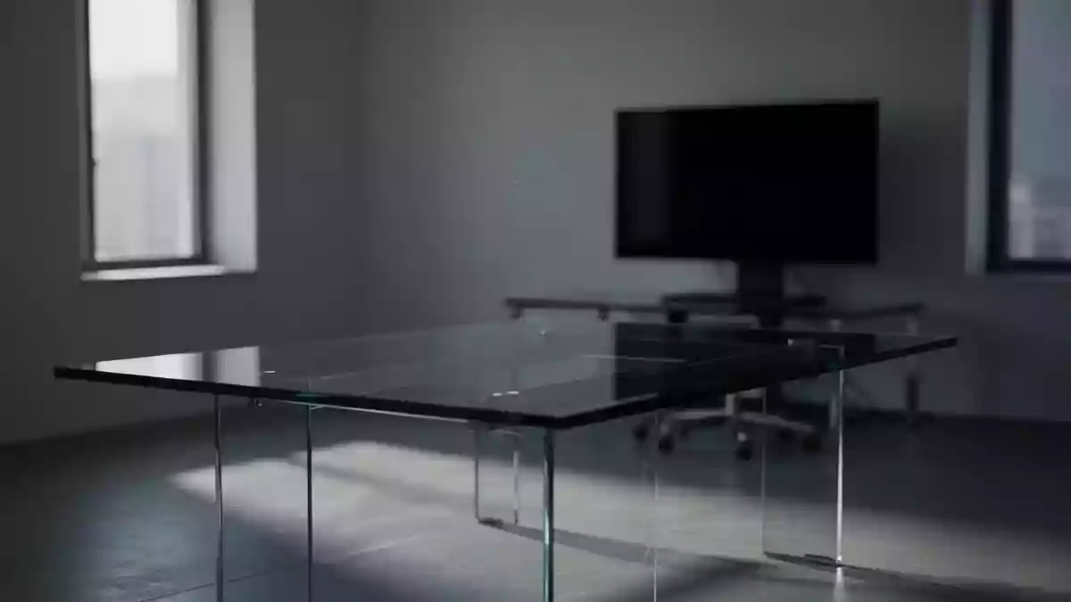 Ein minimalistisch eingerichtetes, dunkles Büro mit einem leeren Konferenztisch und einem ausgeschalteten Computerbildschirm. Illustration mit AI erstellt.