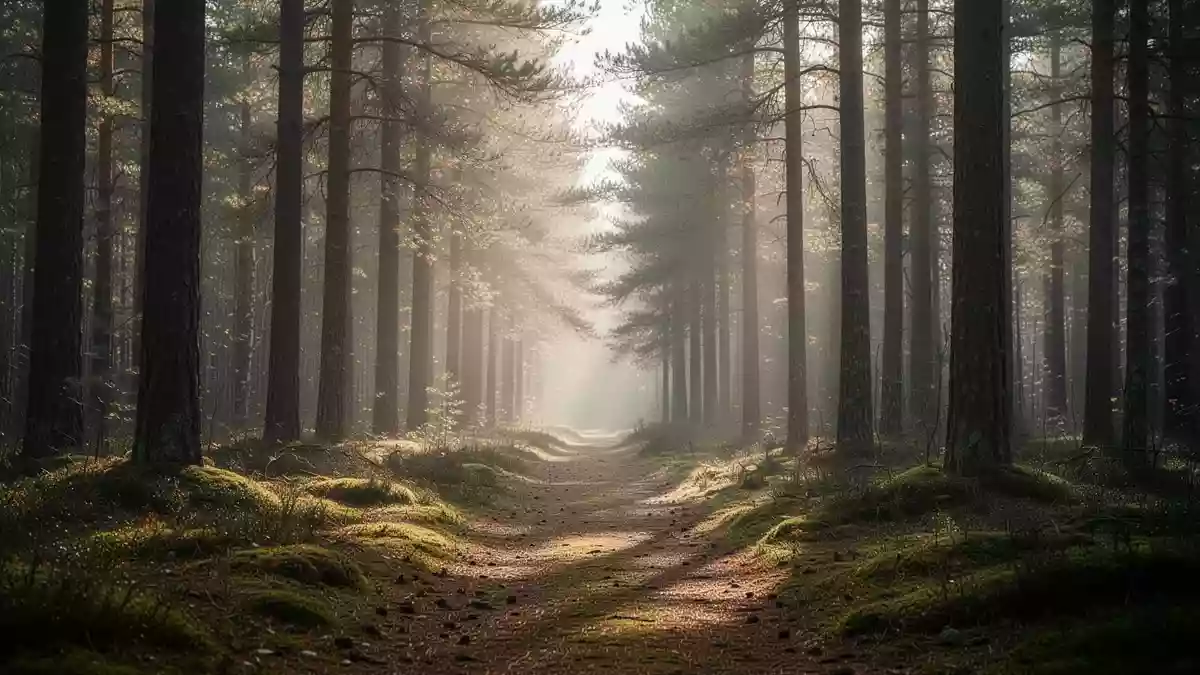 Ein ruhiger Waldweg am Morgen mit sanftem Licht, das durch die Baumwipfel fällt und eine Atmosphäre der Entspannung erzeugt. Illustration mit AI erstellt.