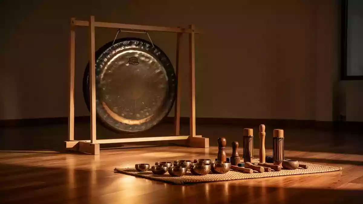 Ein meditativer Raum mit einem großen, verzierten Gong auf einem Holzständer und verschiedenen Klanginstrumenten auf einer Matte. Illustration mit AI erstellt.