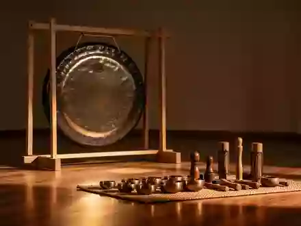 Ein meditativer Raum mit einem großen, verzierten Gong auf einem Holzständer und verschiedenen Klanginstrumenten auf einer Matte. - Foto: über boerse-global.de