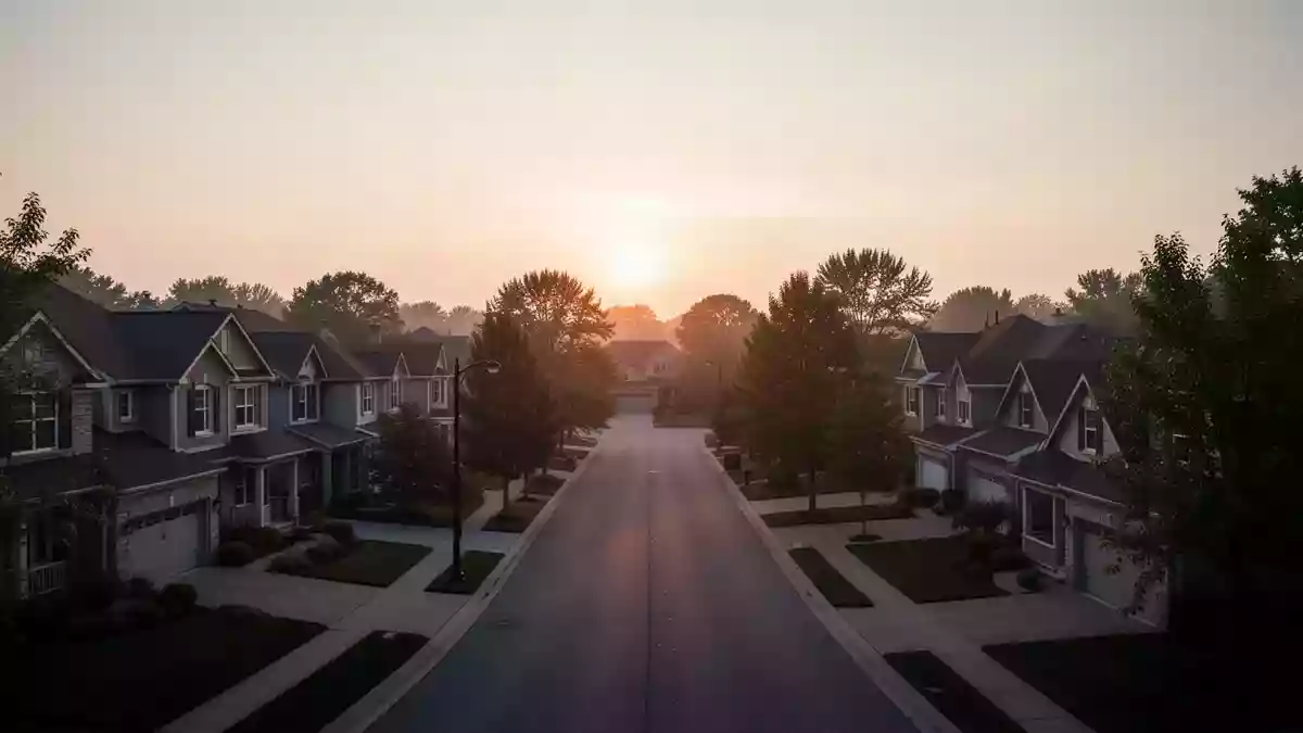 Eine ruhige Wohnstraße in einem Vorort bei Sonnenuntergang, die die Architektur von Einfamilienhäusern zeigt. Illustration mit AI erstellt.