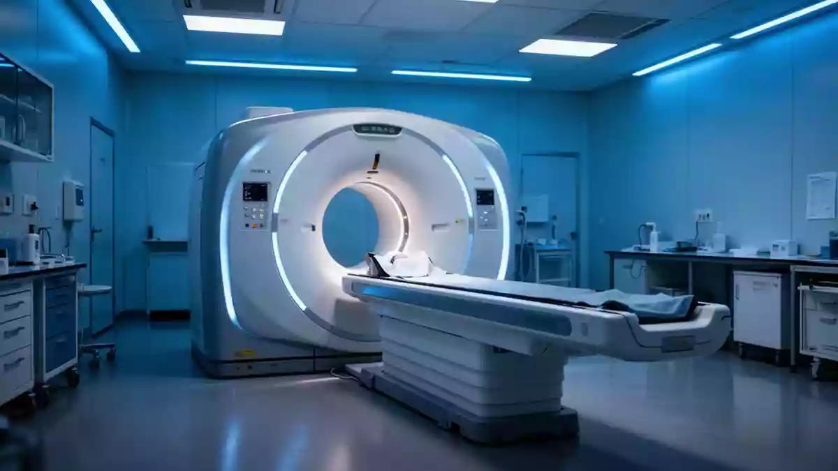 Modernes, unbesetztes Computertomographie-Gerät in einem sterilen, blau beleuchteten medizinischen Untersuchungsraum. Illustration mit AI erstellt.