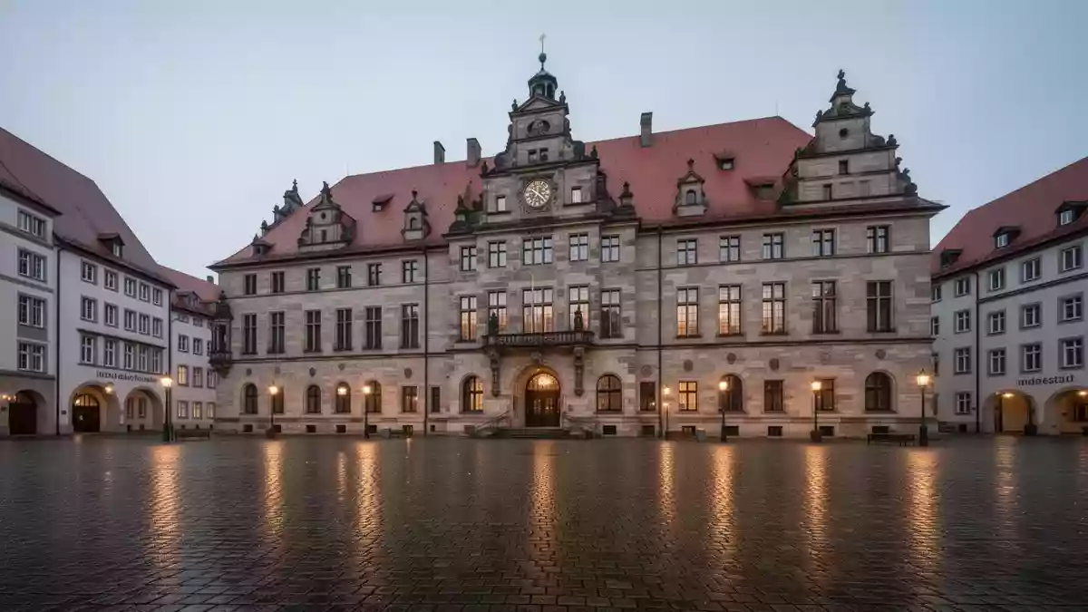 Historische Architektur des Rathauses in Ingolstadt bei Dämmerung. Illustration mit AI erstellt.