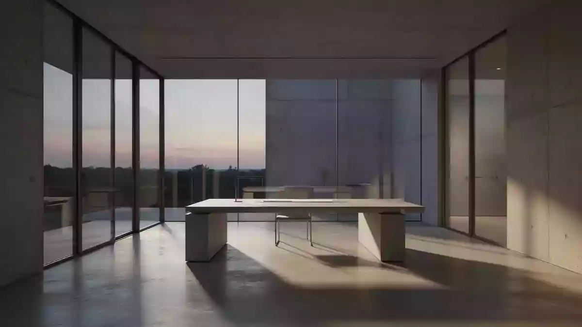 Ein minimalistischer, moderner Arbeitsbereich in einem architektonisch gestalteten Raum mit schlichten Linien und natürlichem Licht. Illustration mit AI erstellt.