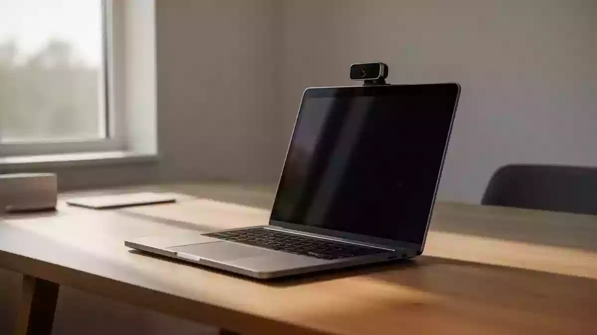 Ein moderner Laptop auf einem Schreibtisch in einem hellen Büro, Fokus auf die Webcam und Hardware. Illustration mit AI erstellt.