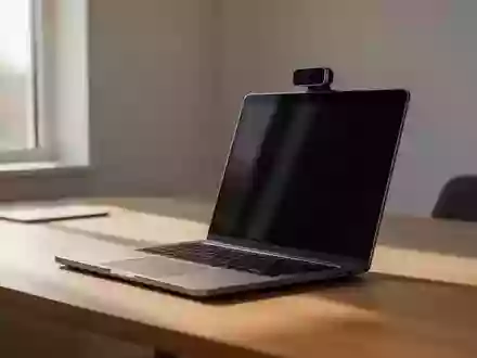 Ein moderner Laptop auf einem Schreibtisch in einem hellen Büro, Fokus auf die Webcam und Hardware. - Foto: über boerse-global.de