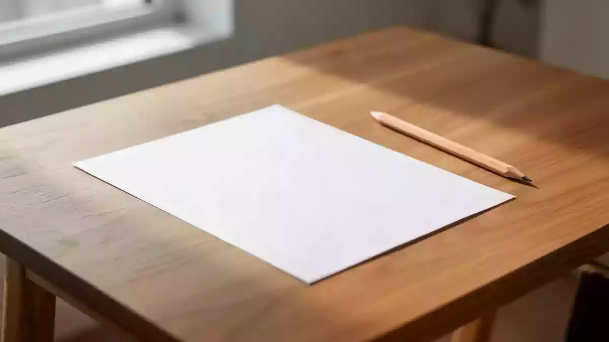 Ein leeres Blatt Papier mit einem dezenten Raster und ein Bleistift auf einem hölzernen Schreibtisch in ruhigem Licht. Illustration mit AI erstellt.