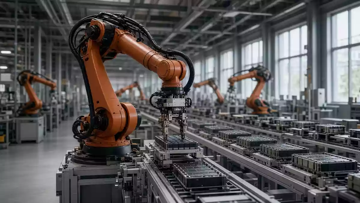 Automatisierte Fertigungsanlage für Lithium-Ionen-Batterien in einer modernen Fabrikhalle. Illustration mit AI erstellt.