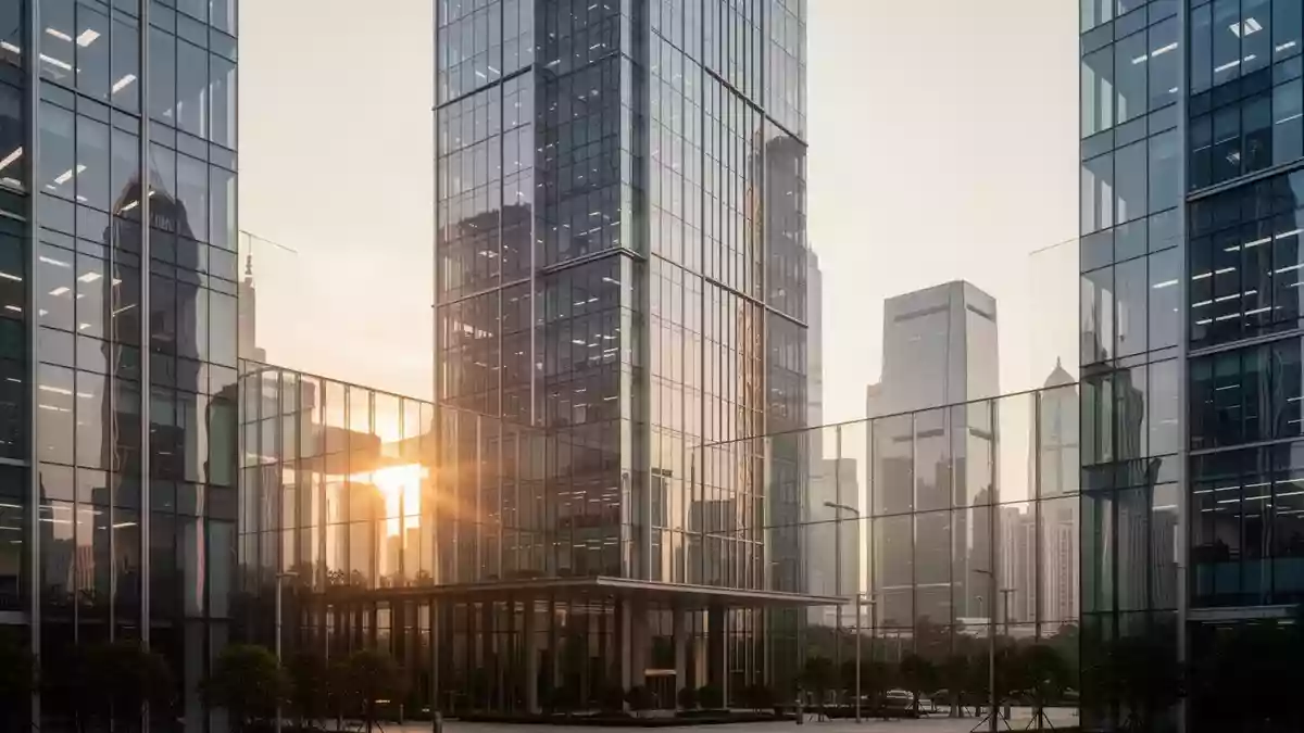 Moderne Büroarchitektur im Finanzviertel von Shenzhen im warmen Licht der Abendsonne. Illustration mit AI erstellt.