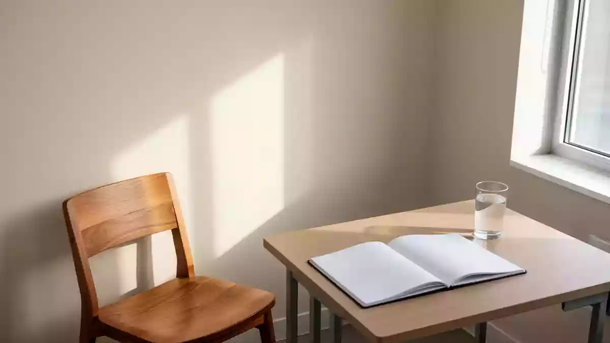 Ein minimalistischer, heller Untersuchungsraum mit einem Stuhl, einem Glas Wasser und einem leeren Notizbuch. Illustration mit AI erstellt.