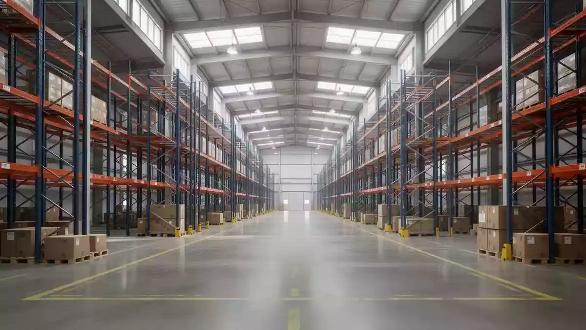 Weitläufiges, modernes Logistikzentrum mit hohen Regalen und poliertem Betonboden in einer Industriehalle. Illustration mit AI erstellt.