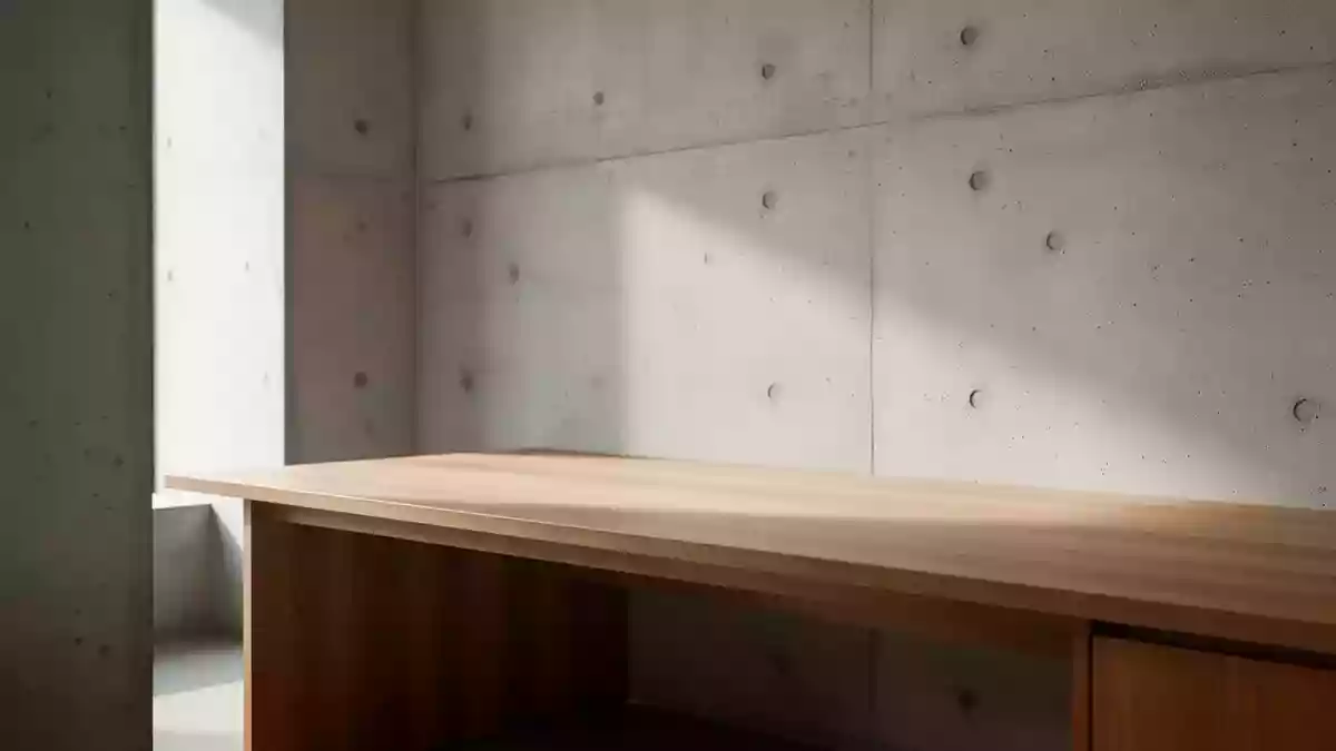 Ein minimalistischer, aufgeräumter Arbeitsbereich mit einer leeren Holzoberfläche und einer schlichten Betonwand bei Tageslicht. Illustration mit AI erstellt.