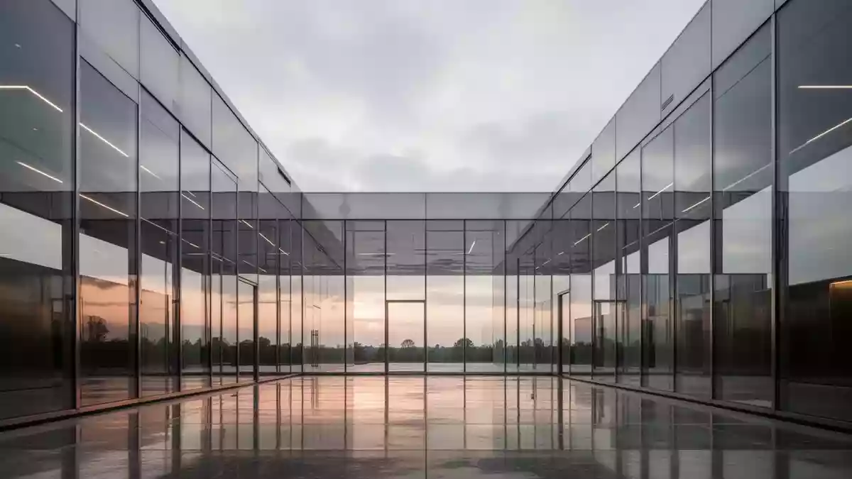 Moderne Architektur aus Glas und Stahl bei Dämmerung mit Fokus auf klare Linien und Lichtreflexionen. Illustration mit AI erstellt.