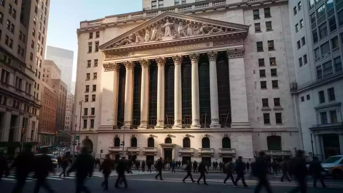 Die Fassade der New York Stock Exchange an der Wall Street bei hellem Tageslicht. Illustration mit AI erstellt.