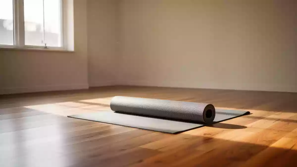 Ein heller, leerer Gymnastikraum mit einer einzelnen ausgerollten Yogamatte auf einem Holzboden. Illustration mit AI erstellt.