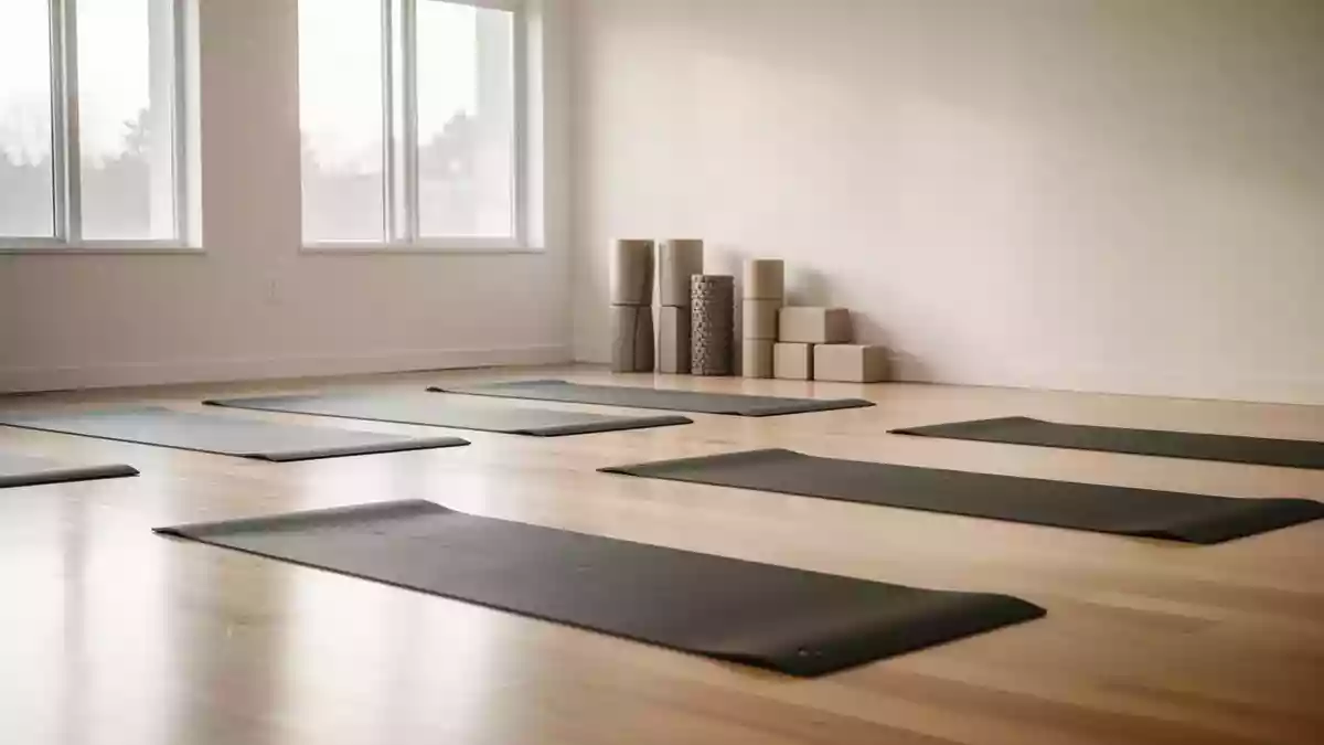 Ein heller, minimalistischer Übungsraum mit ausgelegten Fitnessmatten, Schaumstoffrollen und Yoga-Blöcken in einer ruhigen Umgebung. Illustration mit AI erstellt.