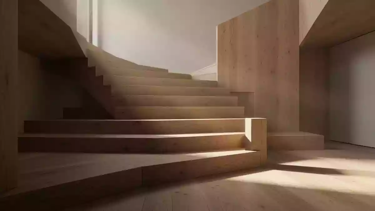 Eine minimalistische Holztreppe in einem hellen, modernen Raum, die Bewegung und Stabilität symbolisiert. Illustration mit AI erstellt.