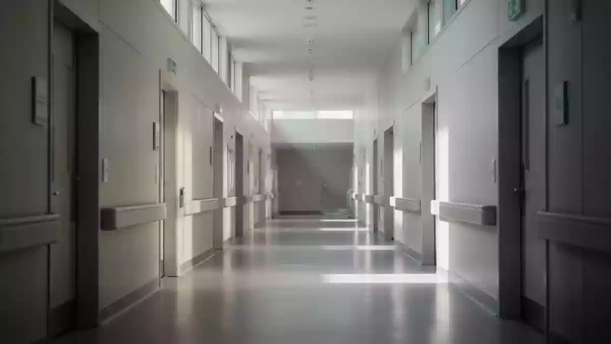 Ein leerer, modern gestalteter Krankenhausflur mit hellem Tageslicht und neutraler Architektur. Illustration mit AI erstellt.