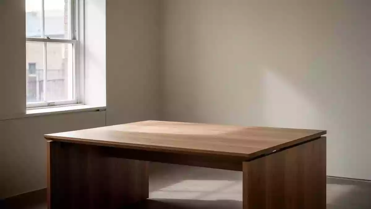 Ein minimalistischer, leerer Schreibtisch aus Holz in einem hellen Raum mit natürlichem Lichteinfall. Illustration mit AI erstellt.