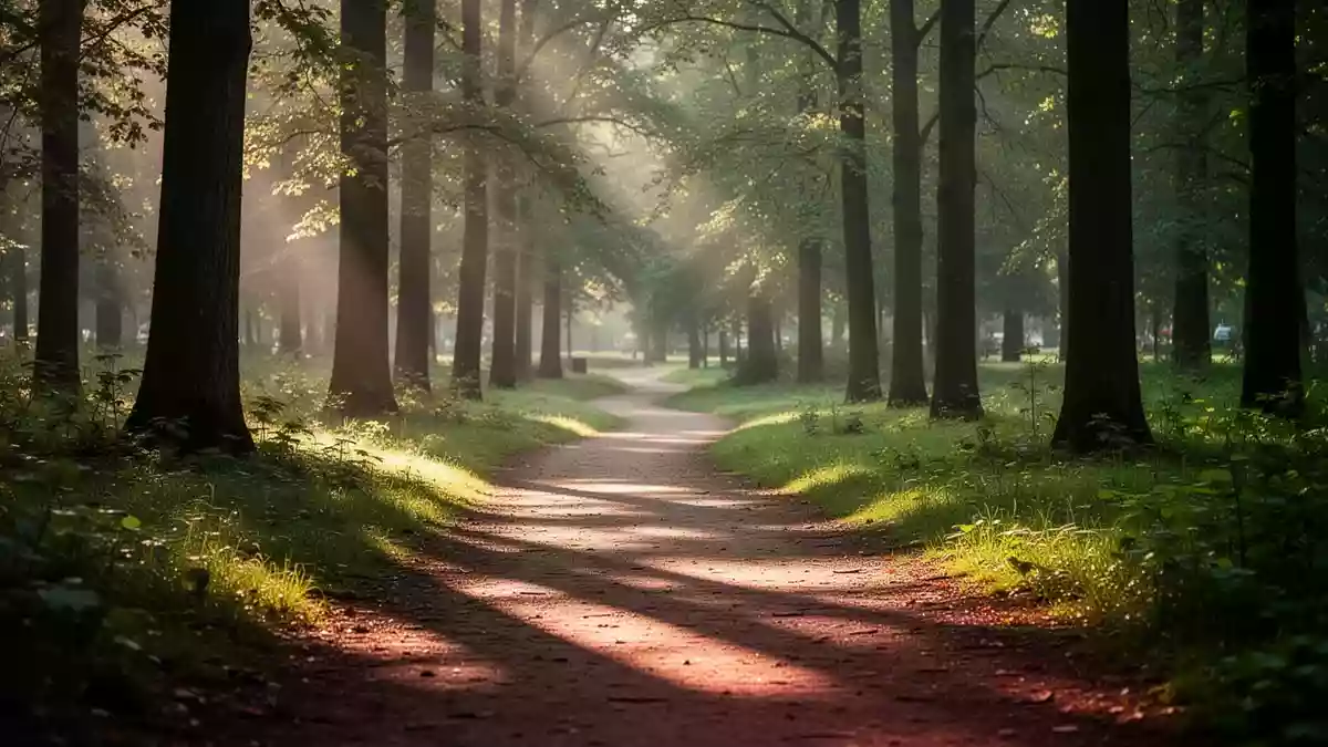 Ein sonnendurchfluteter Waldweg in einem Park, der zu einem Spaziergang einlädt. Illustration mit AI erstellt.