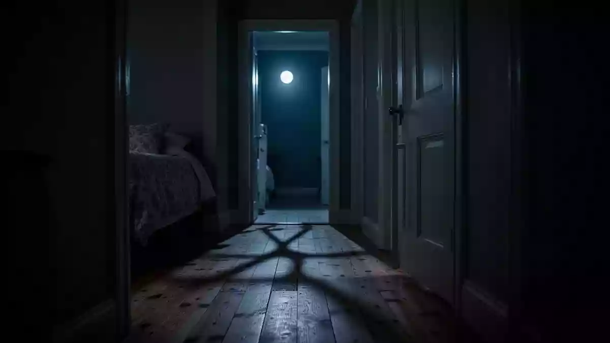Ein nächtlicher, schwach beleuchteter Flur in einer Wohnung bei gedämpftem Licht. Illustration mit AI erstellt.
