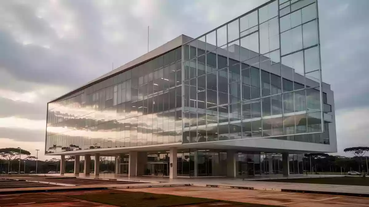 Moderne Glas- und Stahlfassade eines Bankgebäudes bei bewölktem Himmel in Brasilia. Illustration mit AI erstellt.