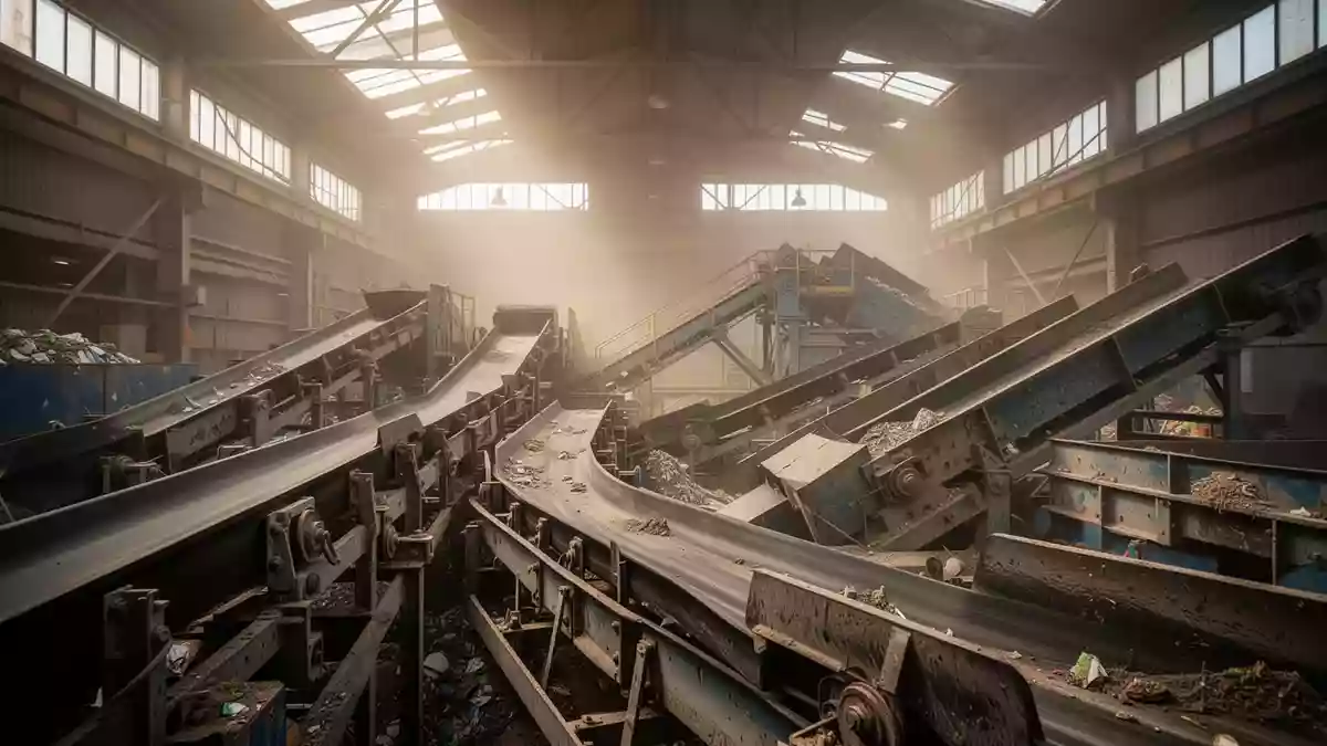 Industrielle Recyclinganlage mit Förderbändern und Sortiermaschinen in einer Lagerhalle. Illustration mit AI erstellt.