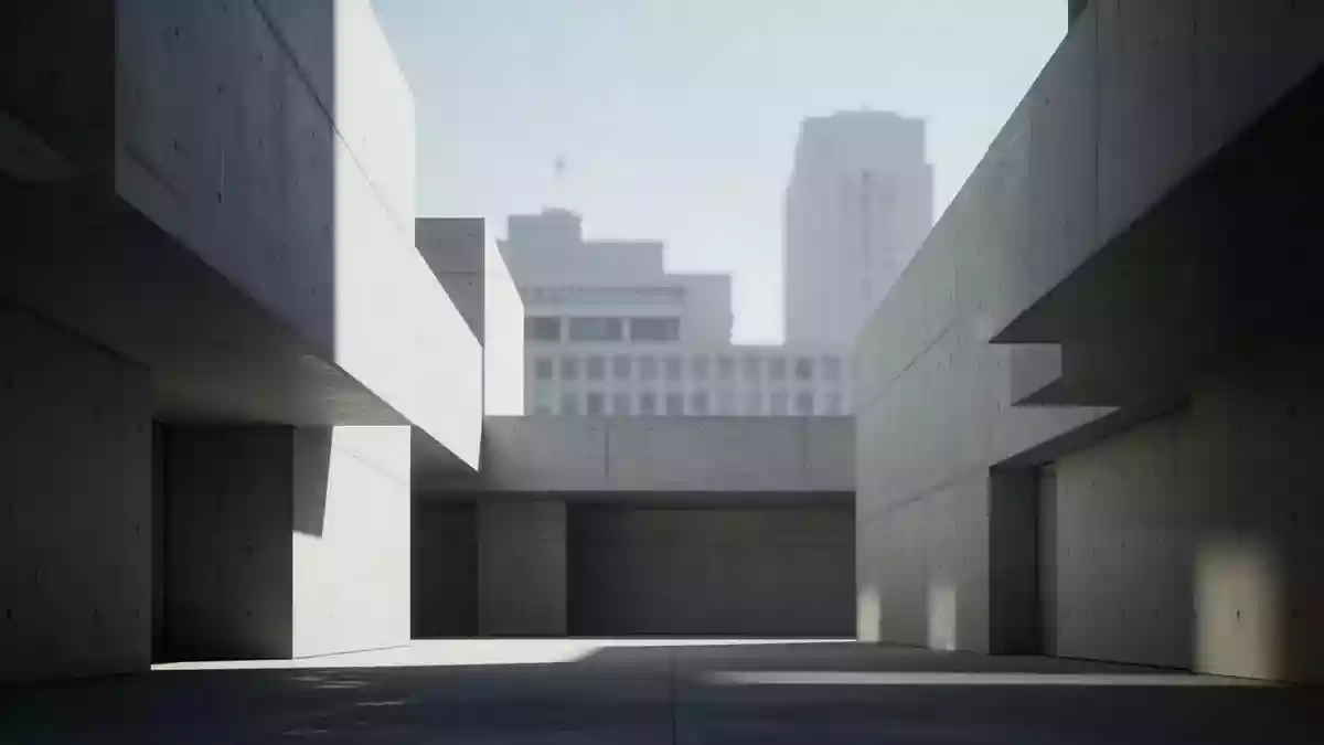 Moderne japanische Architektur mit klaren geometrischen Linien und natürlichem Tageslicht. Illustration mit AI erstellt.