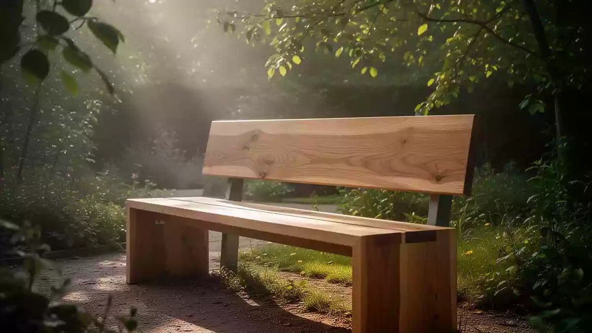 Eine leere Holzbank in einem sonnendurchfluteten, ruhigen Garten als Symbol für gesundes Altern und Bewegung. Illustration mit AI erstellt.