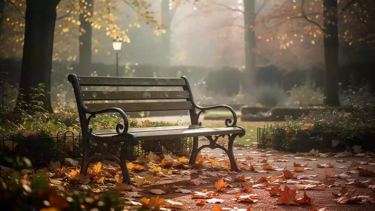 Eine leere Parkbank in einem herbstlichen Garten bei sanftem Sonnenlicht als Symbol für soziale Bindungen und Lebensqualität. Illustration mit AI erstellt.
