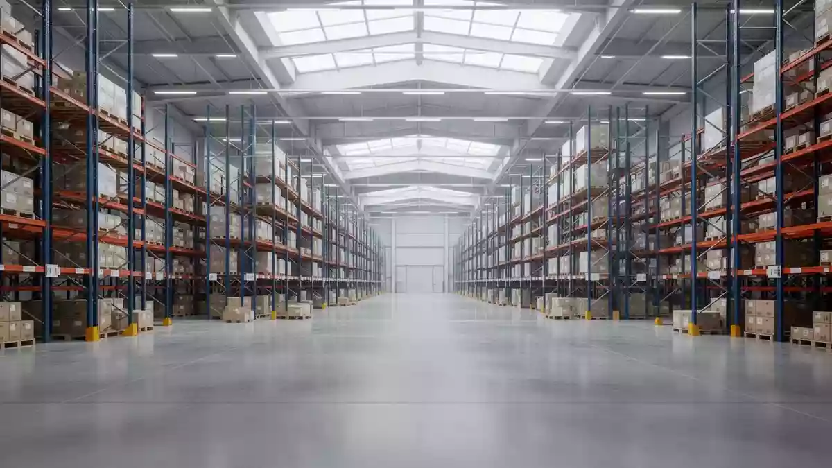 Ein weitläufiges, modernes Logistiklager mit hochdichten Regalsystemen und poliertem Betonboden in einer industriellen Umgebung. Illustration mit AI erstellt.