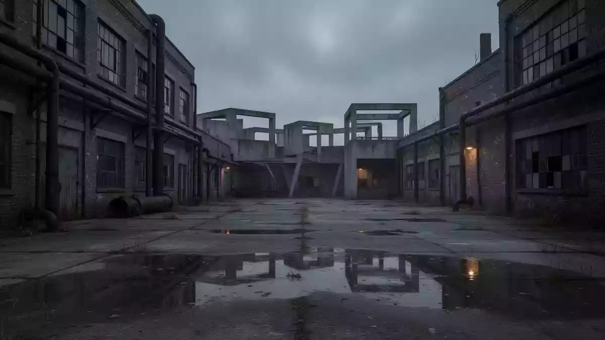 Ein verlassener, industrieller Betonhof vor einem älteren Fabrikgebäude bei Dämmerung. Illustration mit AI erstellt.