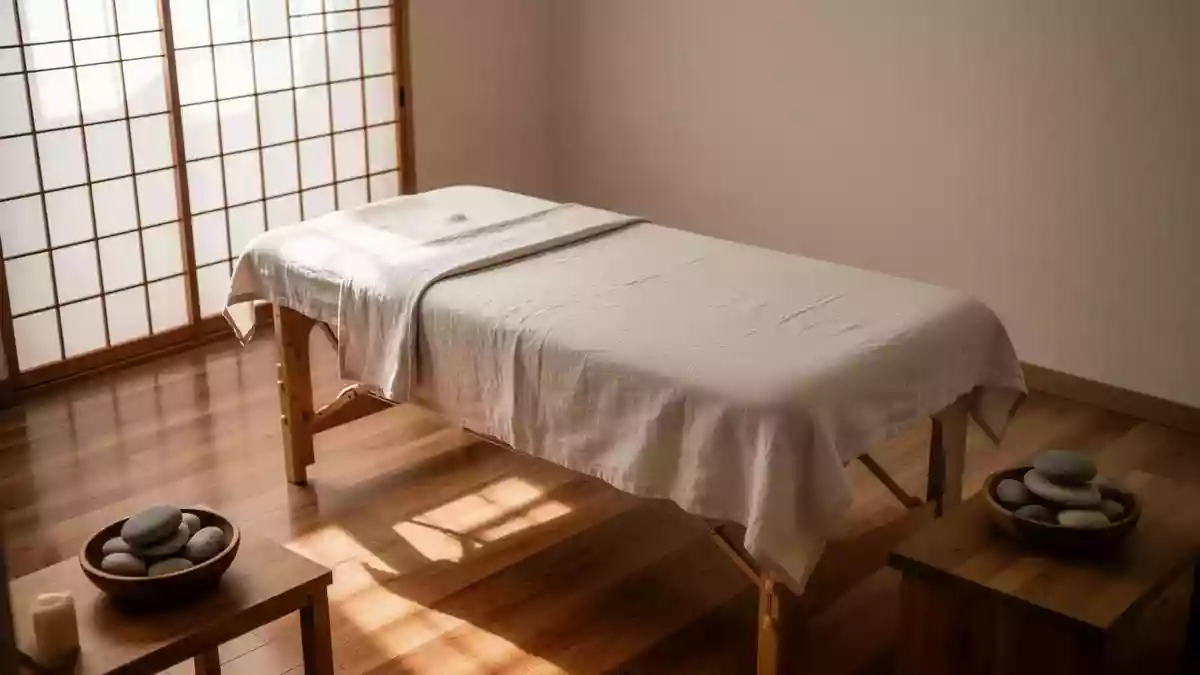 Ein minimalistischer, ruhiger Behandlungsraum für Massagen mit einem hölzernen Massagetisch und natürlichem Licht. Illustration mit AI erstellt.