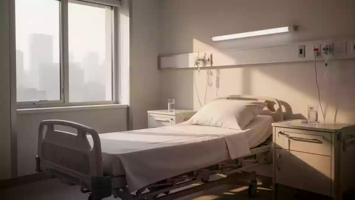 Ein heller, ruhiger Krankenhausraum mit einem unbesetzten Bett und sanftem Tageslicht. Illustration mit AI erstellt.