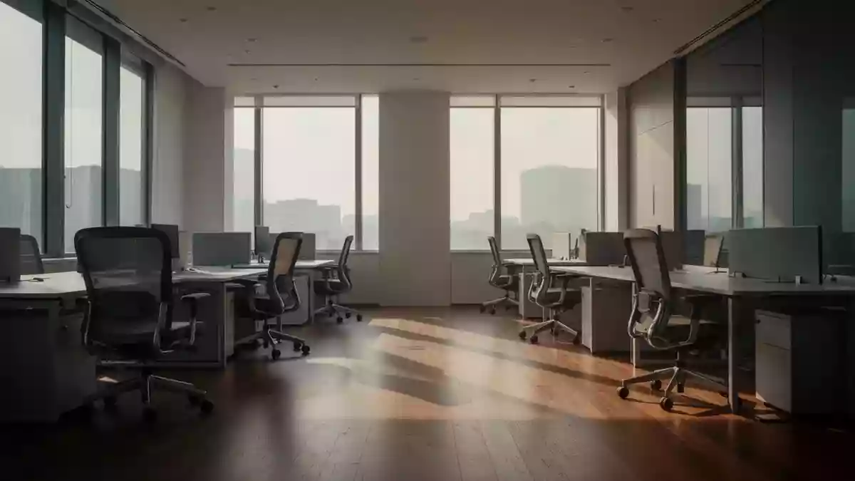 Ein leerer, modern gestalteter Büroraum mit ergonomischen Möbeln und natürlichem Lichteinfall. Illustration mit AI erstellt.