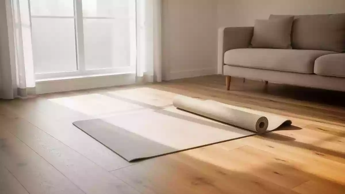 Eine leere Yogamatte liegt in einem hellen, sonnendurchfluteten Raum auf einem Holzboden. Illustration mit AI erstellt.