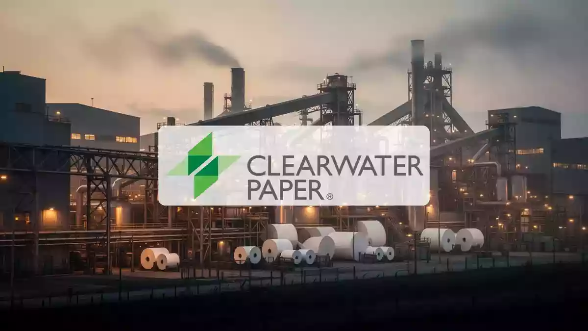 Moderne industrielle Papierfabrik in der Abenddämmerung, die eine nachdenkliche Marktstimmung symbolisiert. Illustration mit AI erstellt.
