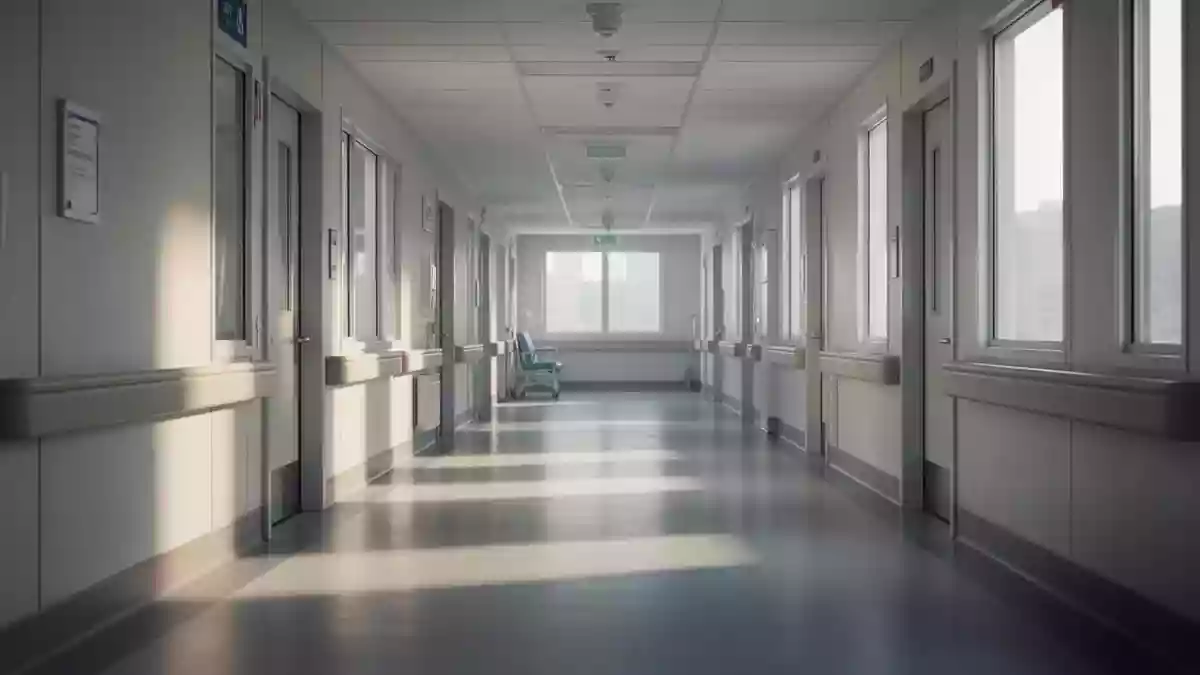 Ein heller, steriler Krankenhausflur mit einfallendem Tageslicht, der eine professionelle und ruhige Atmosphäre ausstrahlt. Illustration mit AI erstellt.