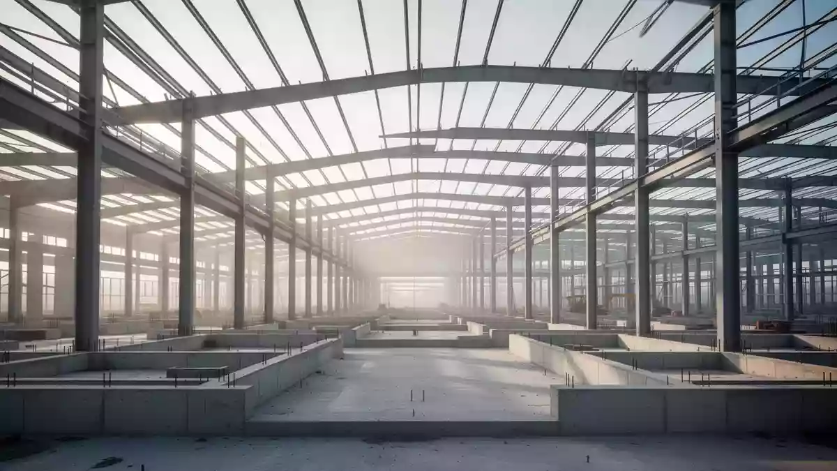 Ein weitläufiger, moderner Industriebau im Rohbau mit freiliegenden Stahlträgern und Betonfundamenten bei natürlichem Licht. Illustration mit AI erstellt.