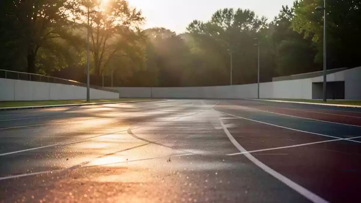 Eine moderne, leere Laufbahn im Freien bei Sonnenaufgang, die eine sportliche Umgebung symbolisiert. Illustration mit AI erstellt.