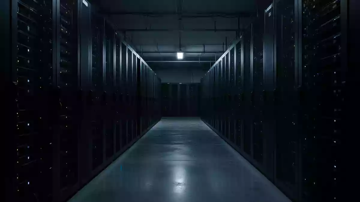 Ein dunkler, minimalistischer Serverraum mit unbeleuchteten Server-Racks und blauem Umgebungslicht. Illustration mit AI erstellt.