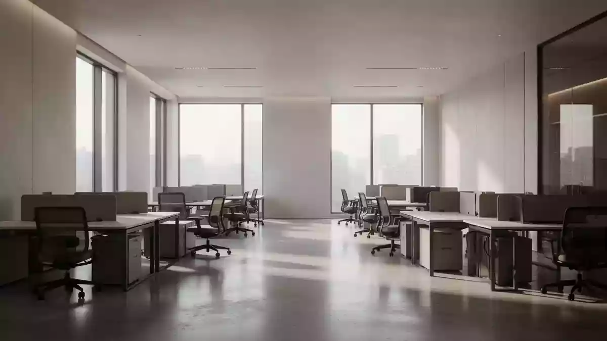 Ein minimalistisches, modernes Büro mit klaren Linien und natürlichem Licht, ohne Personen oder technische Geräte. Illustration mit AI erstellt.