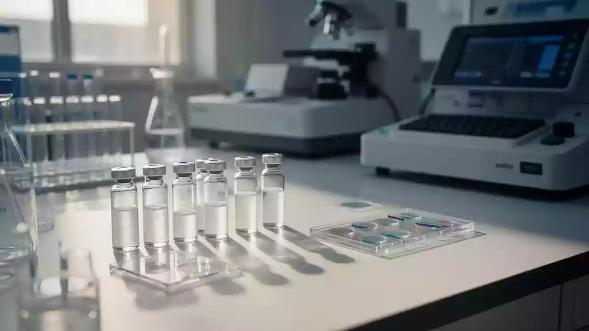 Ein steriler Labortisch mit Glasgefäßen und medizinischen Analysegeräten in einer klinischen Forschungsumgebung. Illustration mit AI erstellt.