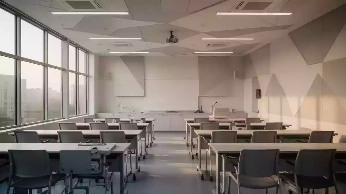 Ein heller, minimalistischer medizinischer Schulungsraum mit moderner Architektur und natürlichem Lichteinfall ohne Personen. Illustration mit AI erstellt.