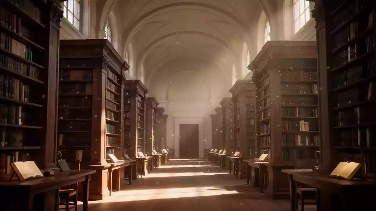 Eine ruhige, von Sonnenlicht durchflutete Bibliothek mit hohen Holzregalen und einer Atmosphäre der Konzentration. Illustration mit AI erstellt.
