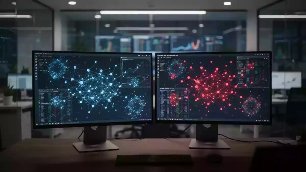Zwei Monitore auf einem Schreibtisch zeigen abstrakte blaue und rote Datenvisualisierungen in einem modernen Büro. Illustration mit AI erstellt.
