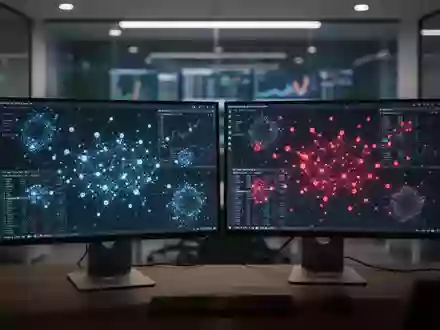 Zwei Monitore auf einem Schreibtisch zeigen abstrakte blaue und rote Datenvisualisierungen in einem modernen Büro. - Foto: über boerse-global.de